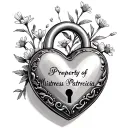 heart shaped lock with small flowers text says Property of Mistress Patricia on lock tattoo design idea