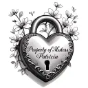 heart shaped lock with small flowers text says Property of Mistress Patricia on lock tattoo design idea