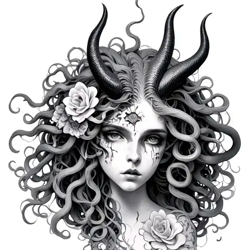 Medusa with snake hair and Lilith with horns split face with flowers rotten tattoo design idea