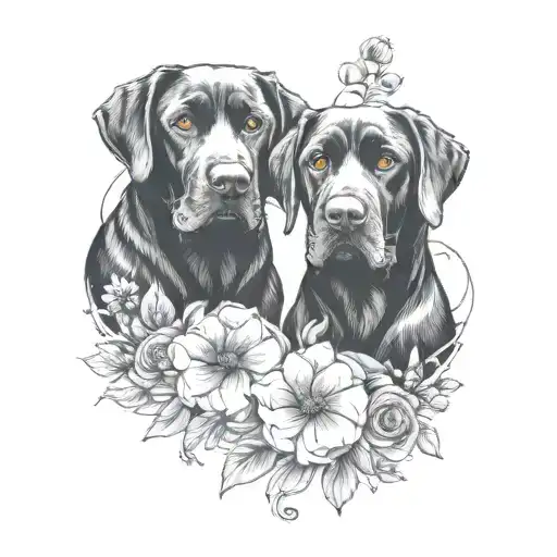 2 Black Labs with flowers surrounding tattoo design idea