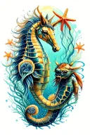 sea horses, crabs, jellyfish, starfish turtle surrounded tattoo design idea