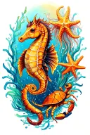 sea horses, crabs, jellyfish, starfish turtle surrounded tattoo design idea