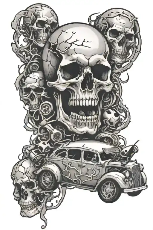 car crash and skull tattoo design idea