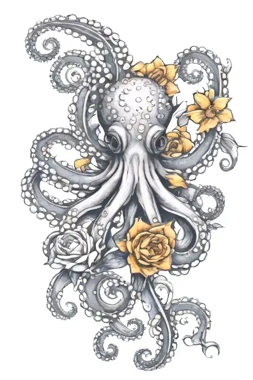 Octopus, daffodil, snowdrop, rose, marigold flower tattoo design idea