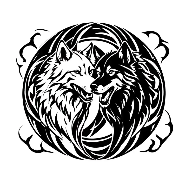 2 wolves that revolves around a circle tattoo design idea