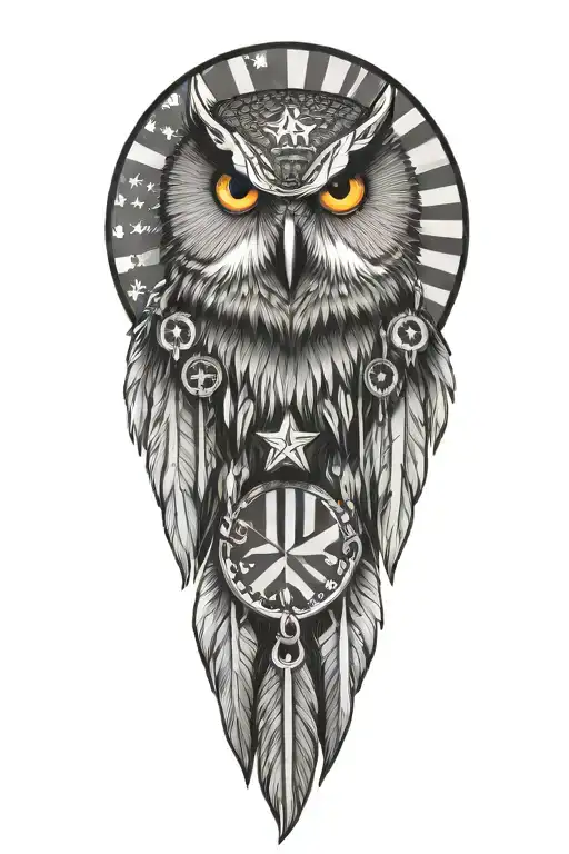 owl with Native American necklace and earring and american flag tattoo design idea