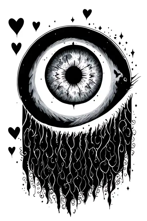 evil eye surrounded by full moon cycle and three small black hearts tattoo design idea