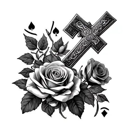 cross and roses with cards tattoo design idea