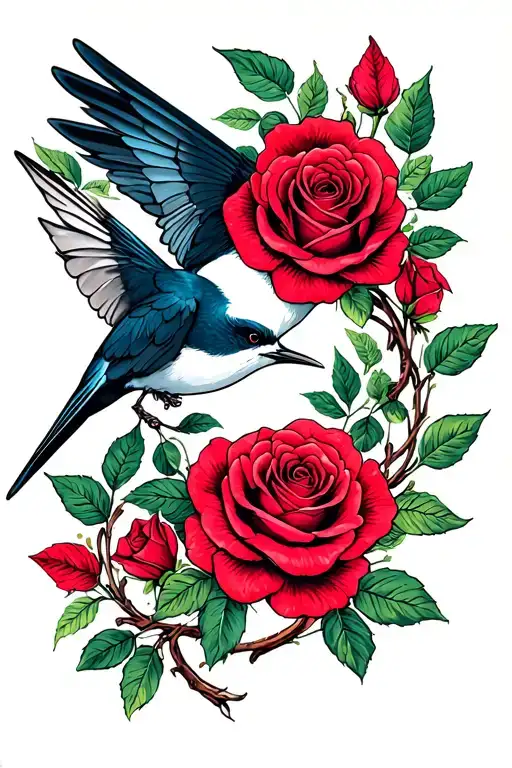 Roses and laurel wreath and swallow tattoo design idea