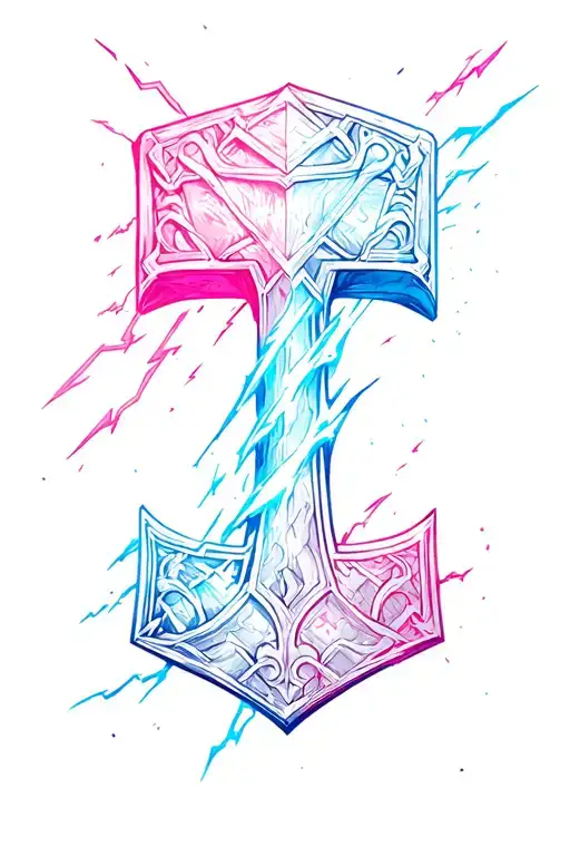 Thor's hammer and storm breaker with pink and blue lightning tattoo design idea