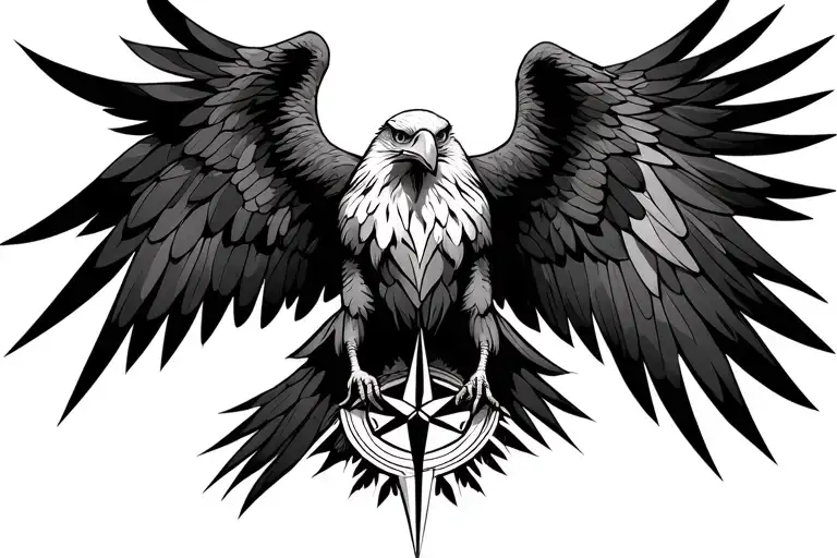 eagle with spread wings looking straight compass symmetric tattoo design idea