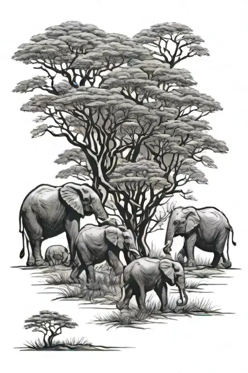 elephants grazing on the African Savannah below tall bare trees tattoo design idea