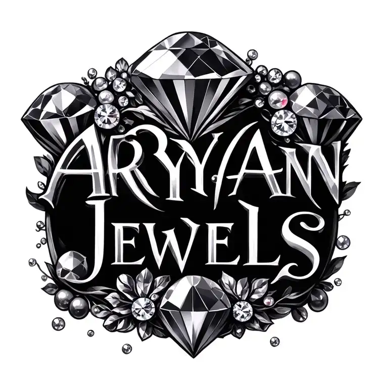 the words Aryan Jewels with rubys diamonds and pearls all around it tattoo design idea