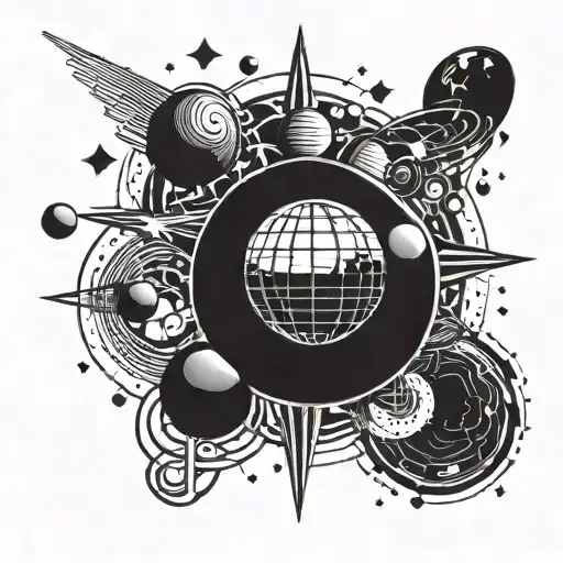 black and white tattoo: shiny disco ball reflecting a ray of light surrounded by planets from solar system tattoo design idea
