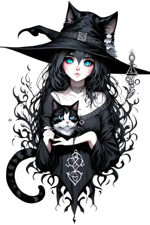 anime girl witchcraft death and life conquer blue eyes and cat tattoo design idea