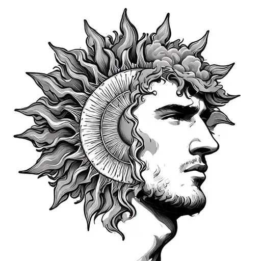 I want a sun half covered by sum clouds with sunlight shining down on a man  tattoo design idea