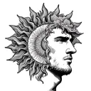 I want a sun half covered by sum clouds with sunlight shining down on a man  tattoo design idea