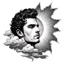 I want a sun half covered by sum clouds with sunlight shining down on a man  tattoo design idea