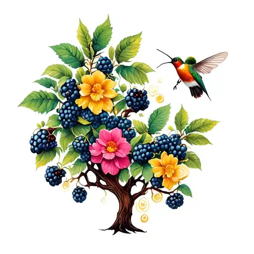 Give me a realistic tattoo of a family tree  with blackberry vines and a honey bee ona flowers and a humming bird parche tattoo design idea