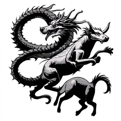 Dog, dragon, ox and pig playing tattoo design idea