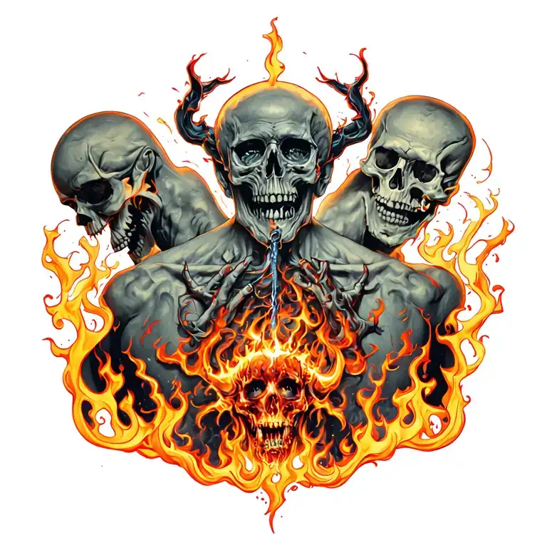 “Back tattoo showing a transformation from darkness to light. Bottom: hell with flames, skulls, and vice symbols. Center tattoo design idea