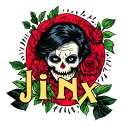 tattoo flash image that depicts the meaning of the word Jinx (someone followed by bad luck) but don't include jinx tattoo design idea