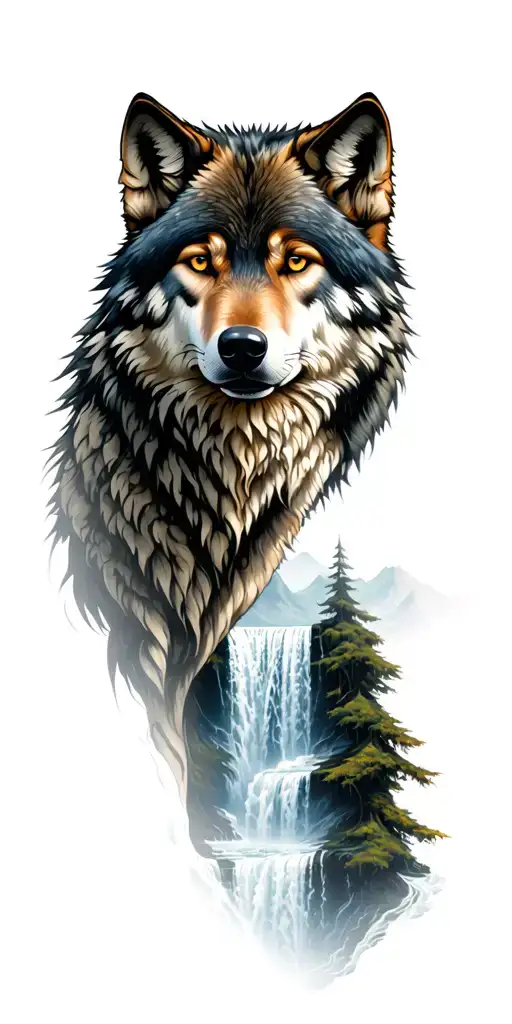 Dark woods wolf mountain waterfall flowing tattoo design idea