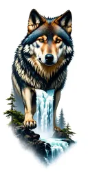 Dark woods wolf mountain waterfall flowing tattoo design idea