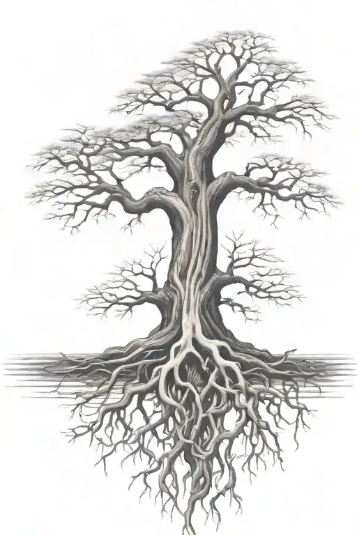 dead yggdrasil tree with long roots tattoo design idea