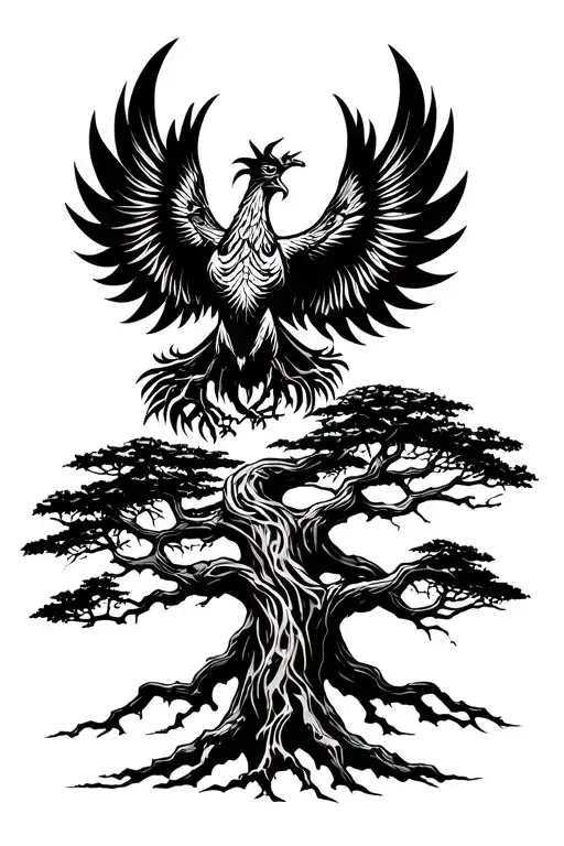banyan tree with phoenix rising from addiction tattoo design idea