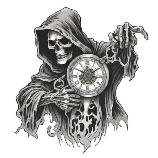 grim reaper with a clock for a head, fire in its eyes and souls coming out of its mouth tattoo design idea