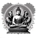 seated Buddha in a stamp with elephant surrounded tattoo design idea