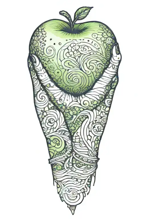 A green apple at the bottom foreground ,  a womans hand wearing a cuff tattoo design idea