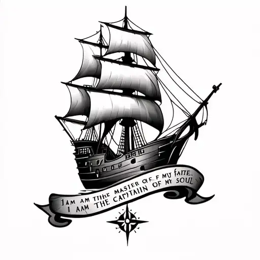 Pirate ship and compass and has text I am the master of my fate I am the captain of my soul tattoo design idea