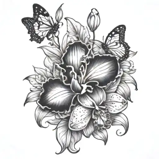 A tattoo of a Cattleya orchid with butterflies and more designs down arm tattoo design idea