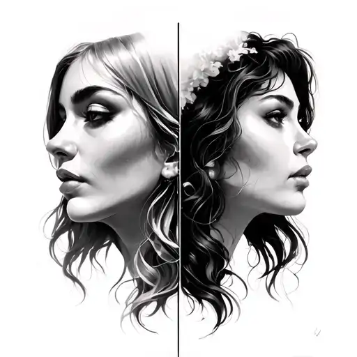 Two female faces looking in different directions, one turned in profile, the other turned 3/4. tattoo design idea