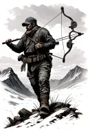 man with compound bow walking up mountain tattoo design idea