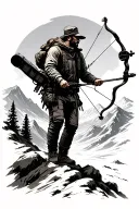 man with compound bow walking up mountain tattoo design idea