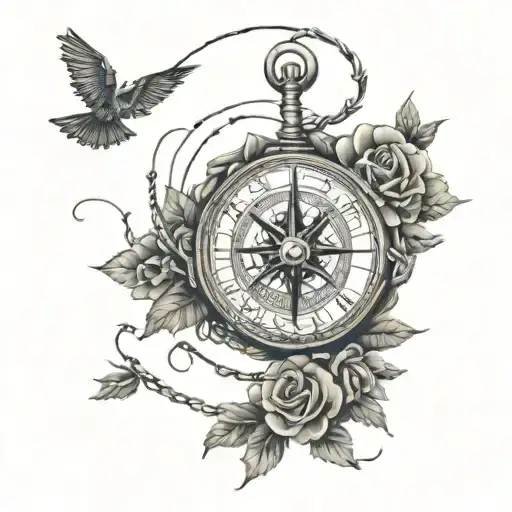 barbed wire , rose , compass , time , tree of life , ying yamg fishes , small birds , tattoo design idea