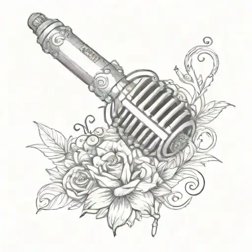 Sketch-style tattoo of a microphone with lyrics from a One Direction song wrapping around it tattoo design idea