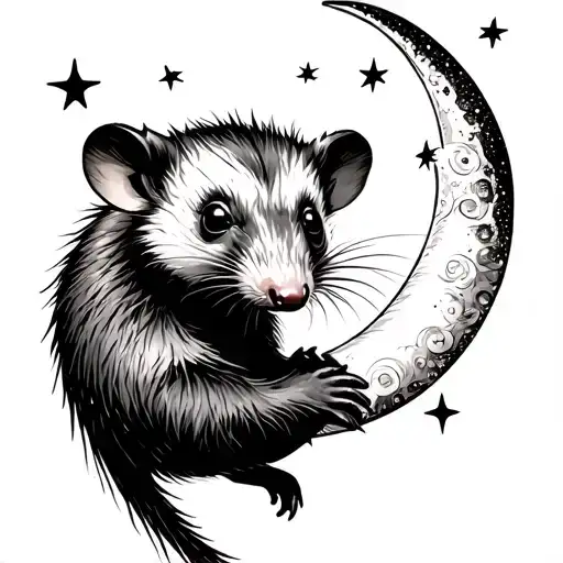 possum hanging upside down with crescent moon surrounded by stars tattoo design idea
