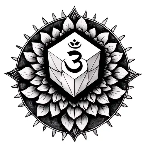 Metatron cube surrounded by a circle with small lotus petals (like symbols of the coronal chakra) + 1 symbol OM tattoo design idea