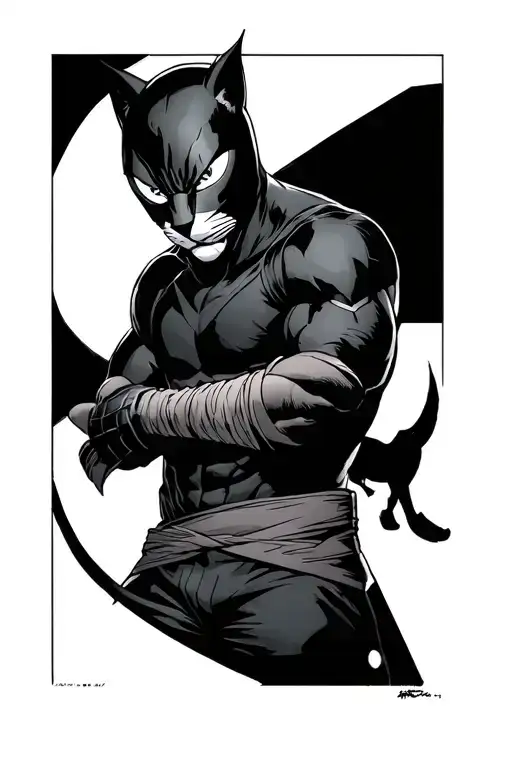 character WildCat from DC comics man wearing black suit wear bandages or arm wraps, wildcat mask eyes white mouth human tattoo design idea