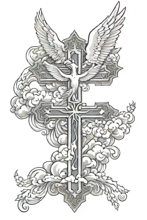 cross with doves and clouds surrounding tattoo design idea