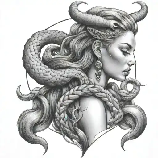 virgo goddess with taurus horns woth long braided hair into a scorpion tail tattoo design idea