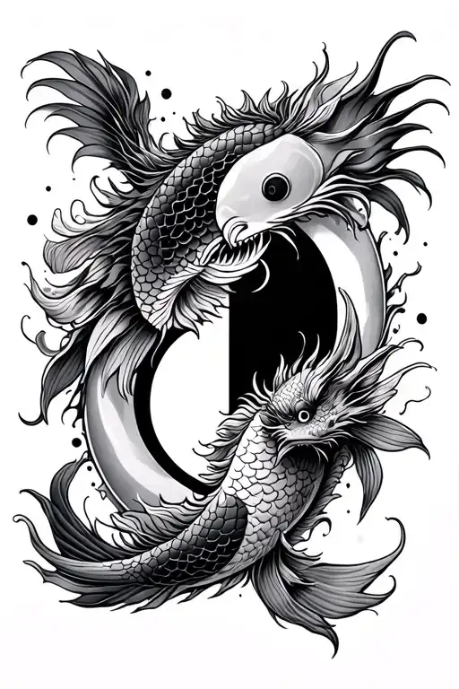 Recreate in a japanese tattoo the shape of yin yang with a koi fish moving up and a dragon moving down tattoo design idea