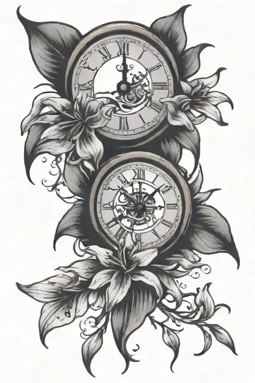 broken clock face lily tattoo design idea