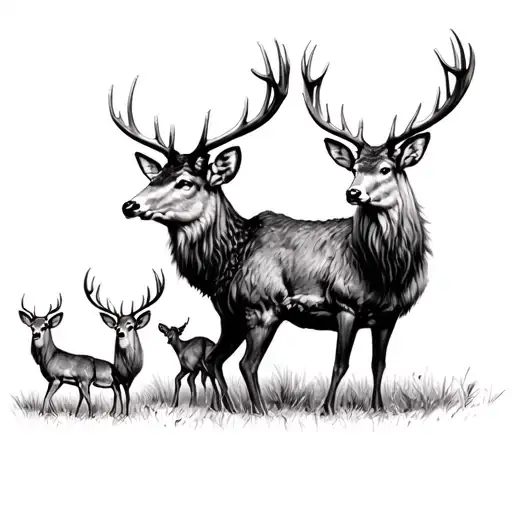 Big male red stag with a female red stag and two young male red stags tattoo design idea