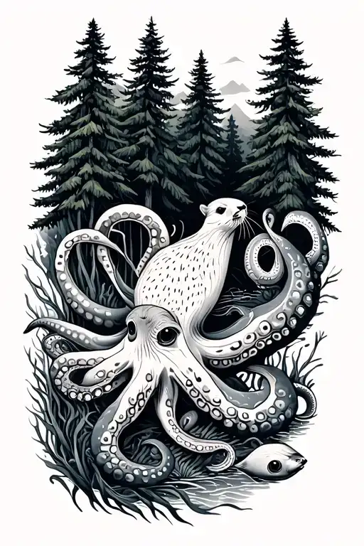 Minimalist linework tattoo sleeve of a Pacific Northwest ecosystem: octopus, salmon, kelp, otters, and evergreen trees tattoo design idea