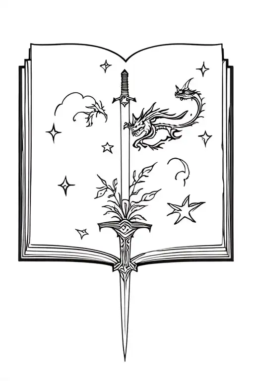 A open book with a simple dragon  flying in distance, a sword with plants around it and stars.  tattoo design idea